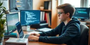 Junger Student arbeitet am Laptop in einem modernen Büro.
